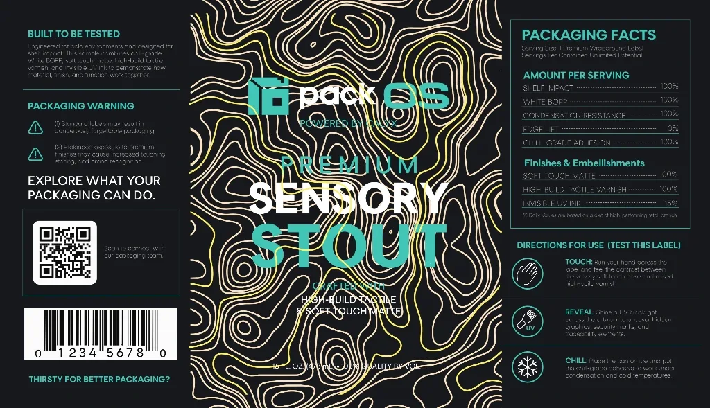 SENSORY STOUT, a PackOS wrap label with tactile varnish and invisible ink